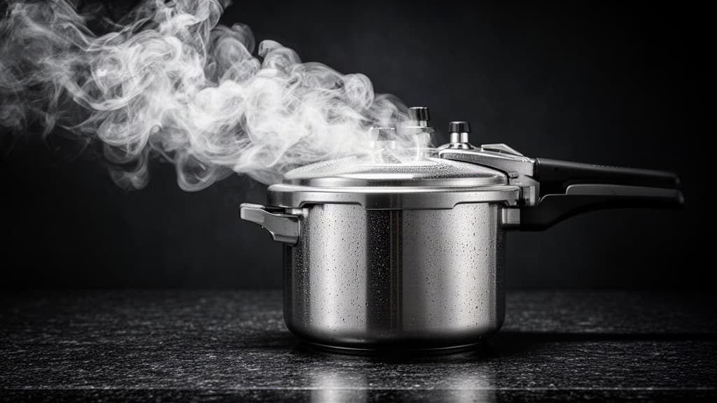Panela de pressão de aço inoxidável com tampa entreaberta liberando vapor, sobre bancada escura, luz dramática.