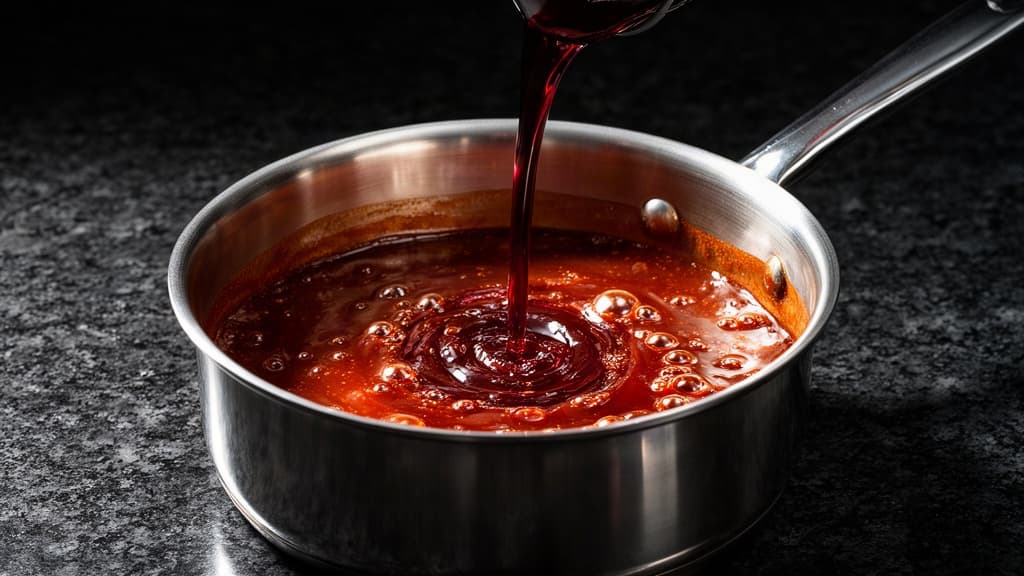 Um molho vermelho brilhante e espesso borbulhando lentamente em uma panela de aço inoxidável sobre uma bancada escura, com vinho sendo derramado na mistura.