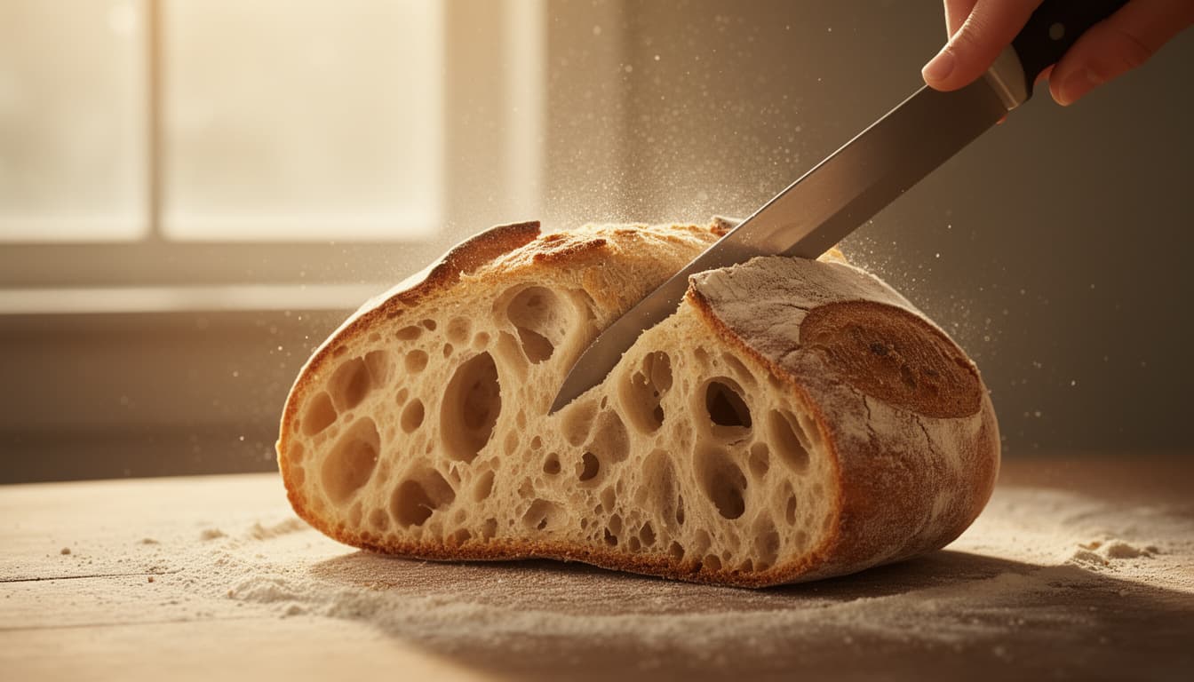 Fatia de pão artesanal com miolo aerado e casca dourada, ilustrando a estrutura da massa fermentada