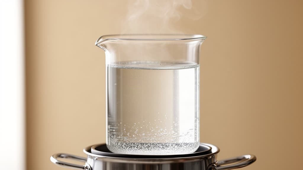 Vidro com calda de acucar transparente sendo aquecida, com vapor sutil e formacao de micro bolhas no fundo, sobre fundo bege claro