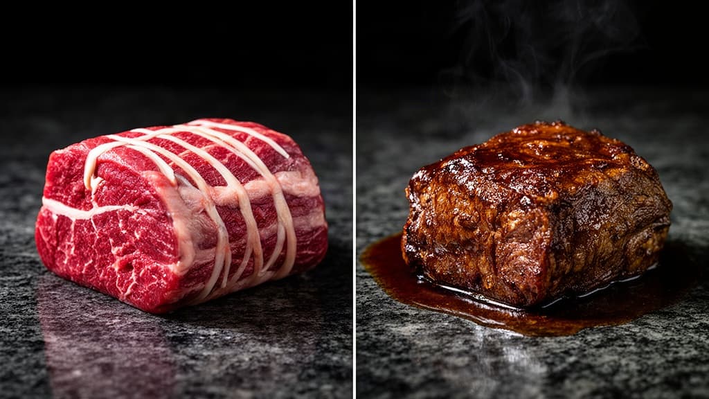 Composição dividida mostrando corte de carne crua com tecido conjuntivo visível ao lado da mesma peça após cozimento lento, com coloração escura e molho brilhante