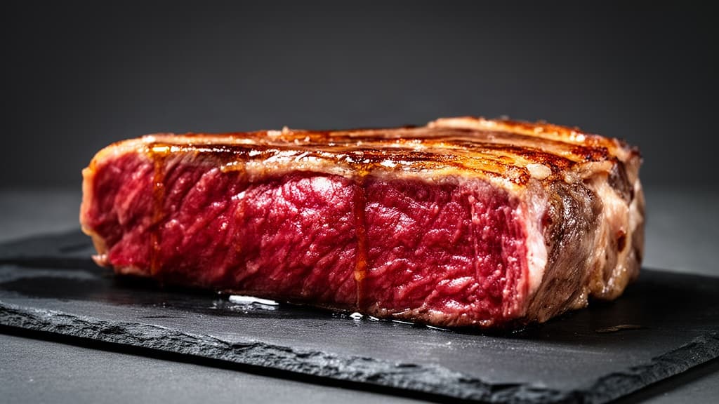 Fotografia técnica de um bife grosso cru em repouso sobre uma superfície escura, destacando a espessura da carne e o contraste entre a superfície dourada e o interior vermelho.