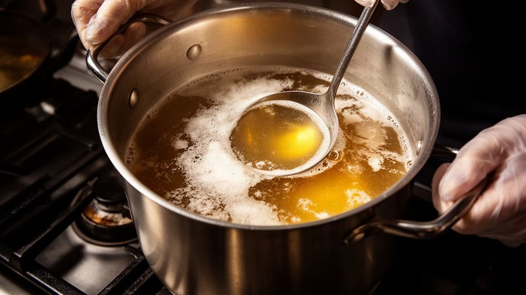 Panela de aço inox com caldo de ossos sendo escumado com uma concha, espuma de proteínas coaguladas na superfície.