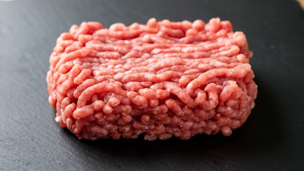 Carne moída crua em textura granulada e fria sobre superfície escura, com iluminação lateral suave destacando as partículas de gordura firme.